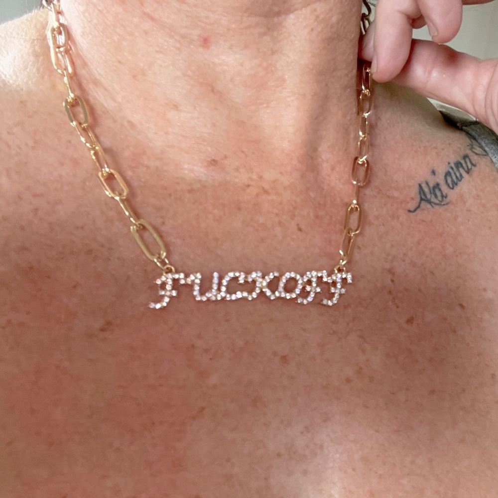 FUN, FUNKY F*CK OFF gold tone link necklace.